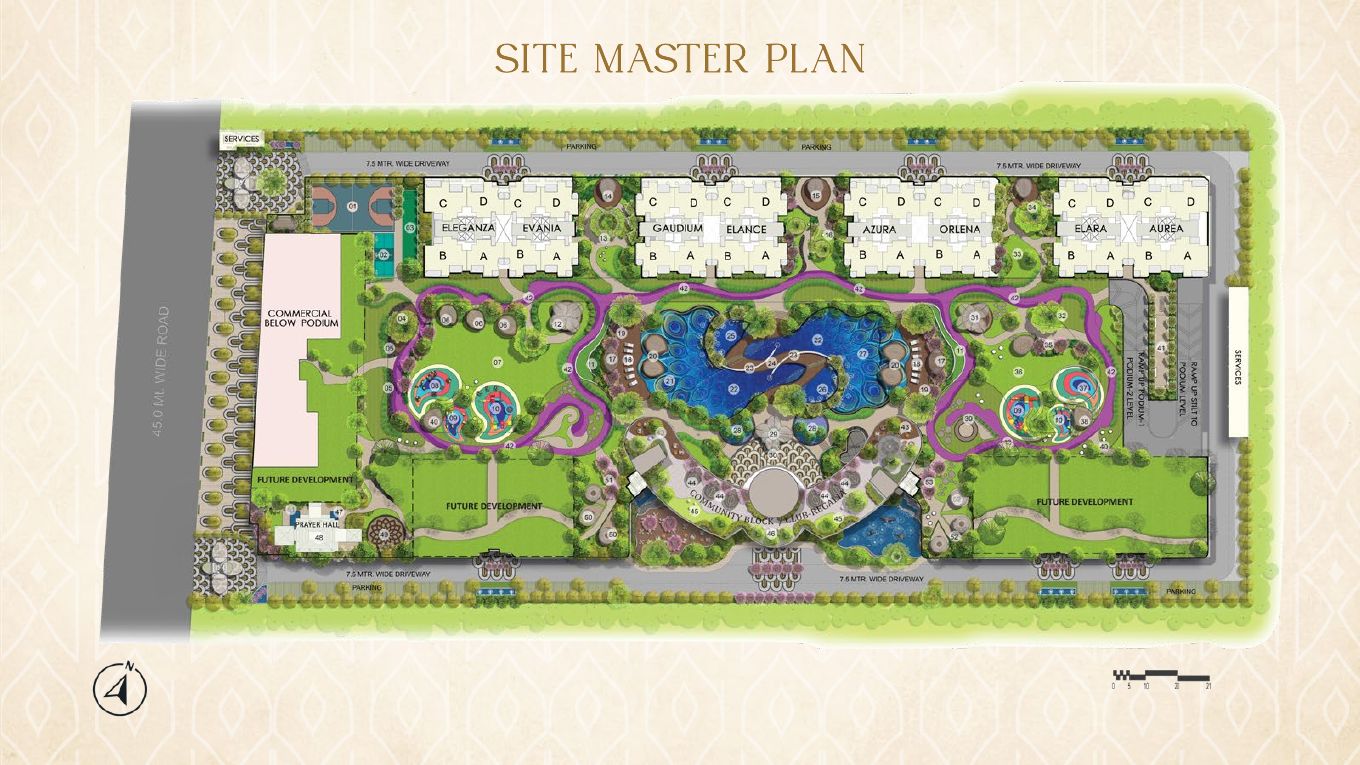 Gaur Alaris site master plan — 8 towers (Eleganza, Evania, Gaudium, Elance, Azura, Orlena, Elara, Aurea) around Club Regalia